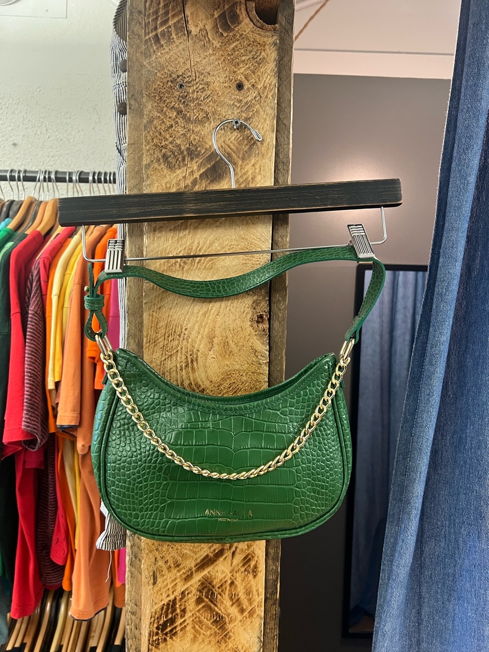 Vintage Anna Paola Green Croc Print Handbag